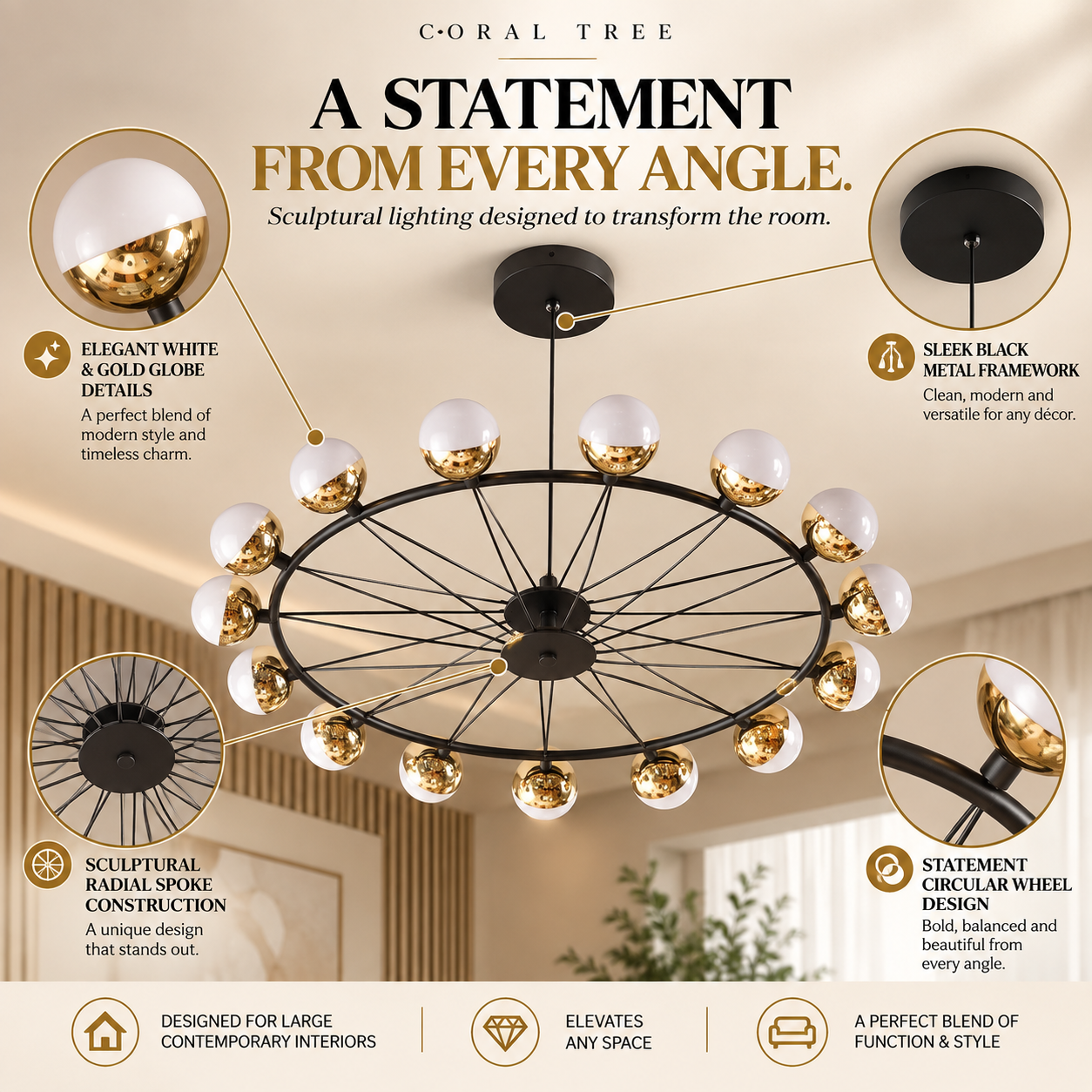 Coral Tree Modern Circular Wheel LED Chandelier | Black Metal Frame with White & Gold Globe Lights