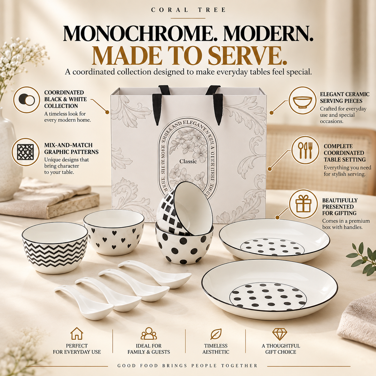 Classic Black & White Ceramic Soup Bowl Set – 4 Bowls, 2 Large Serving Bowls & 4 Soup Spoons