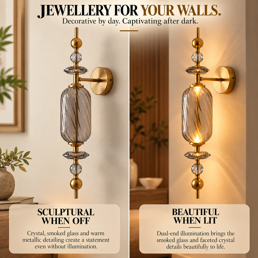 Smoked Glass & Brass Finish Decorative LED Wall Light