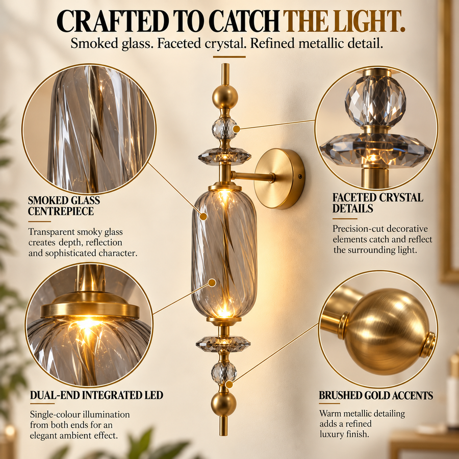 Smoked Glass & Brass Finish Decorative LED Wall Light
