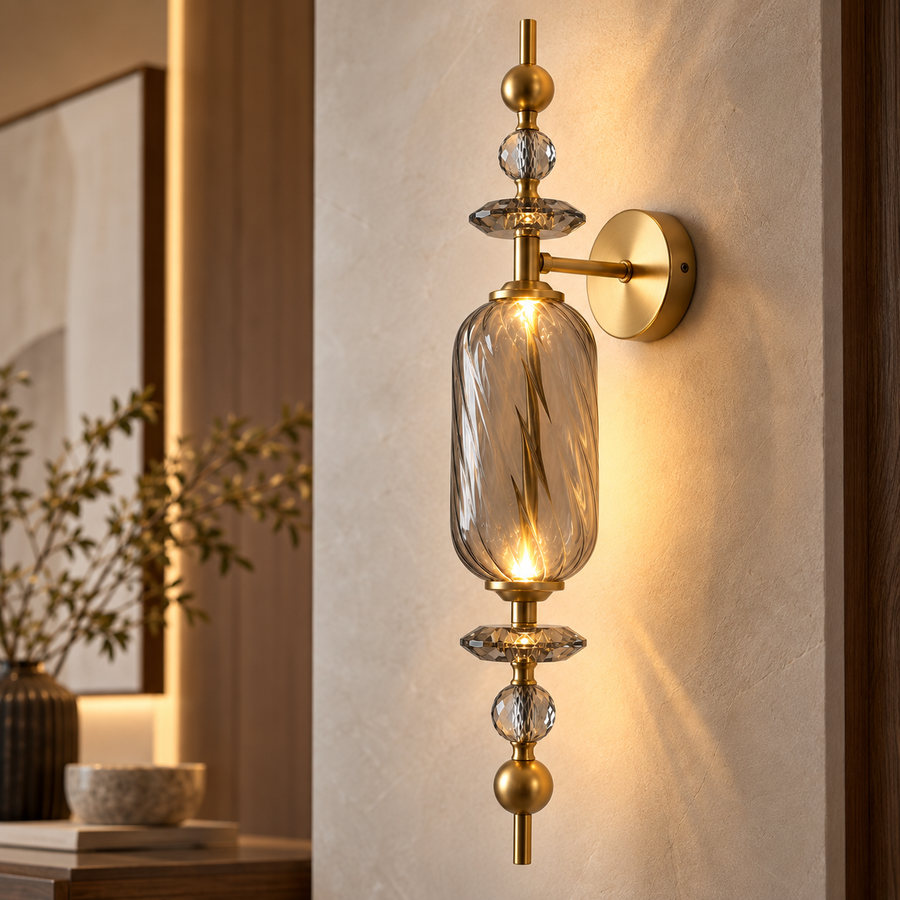 Smoked Glass & Brass Finish Decorative LED Wall Light