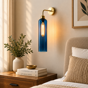 Modern Brass Wall Light with Blue Glass | T30 Tube Bulb | H56 × W10 × D21 cm