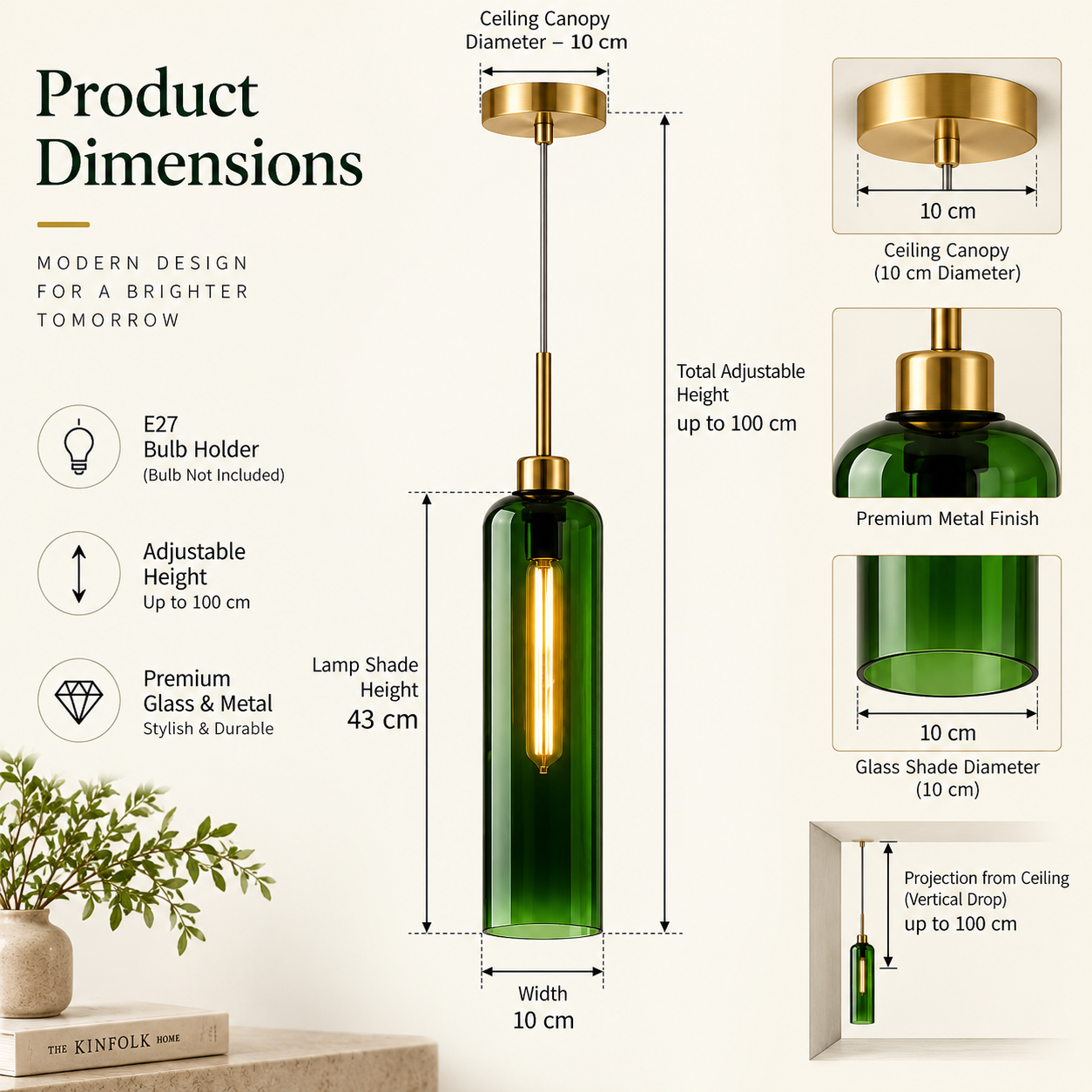 Modern Green Glass Pendant Light with Gold Finish & T30 Bulb | Adjustable Hanging Ceiling Lamp (41 cm Shade)