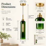 Modern Green Glass Pendant Light with Gold Finish & T30 Bulb | Adjustable Hanging Ceiling Lamp (41 cm Shade)
