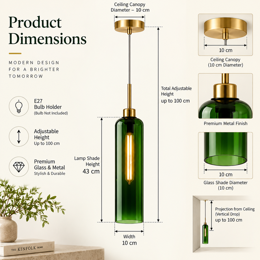Modern Green Glass Pendant Light with Gold Finish & T30 Bulb | Adjustable Hanging Ceiling Lamp (41 cm Shade)