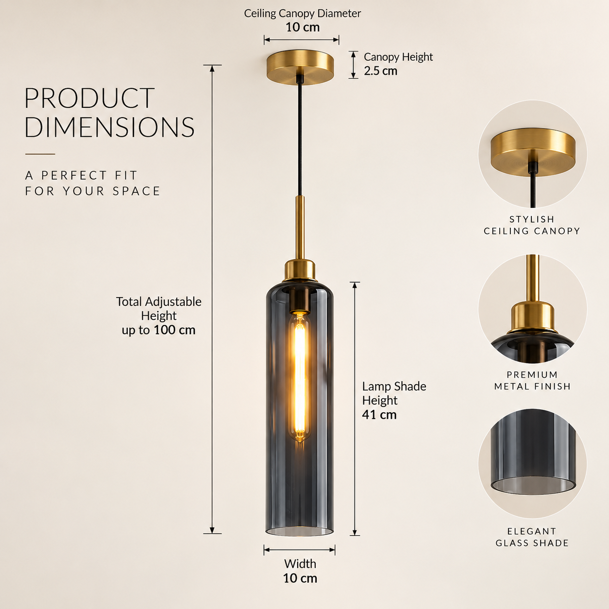 Modern Smoke Glass Pendant Light with Gold Finish & T30 Bulb | Adjustable Hanging Ceiling Lamp (41 cm Shade)