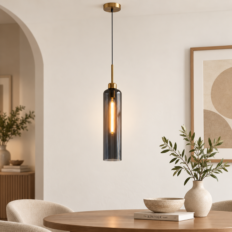 Modern Smoke Glass Pendant Light with Gold Finish & T30 Bulb | Adjustable Hanging Ceiling Lamp (41 cm Shade)