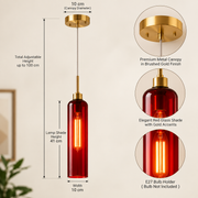 Modern Red Glass Pendant Light with Gold Finish & T30 Bulb | Adjustable Hanging Ceiling Lamp (41 cm Shade)