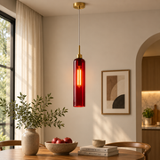 Modern Red Glass Pendant Light with Gold Finish & T30 Bulb | Adjustable Hanging Ceiling Lamp (41 cm Shade)