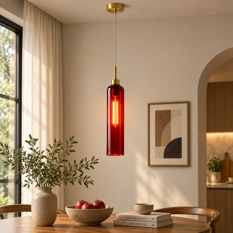 Modern Red Glass Pendant Light with Gold Finish & T30 Bulb | Adjustable Hanging Ceiling Lamp (41 cm Shade)