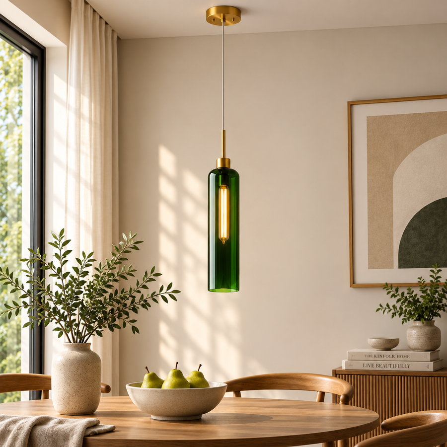 Modern Green Glass Pendant Light with Gold Finish & T30 Bulb | Adjustable Hanging Ceiling Lamp (41 cm Shade)