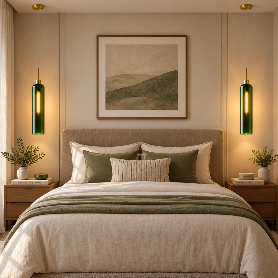 Modern Green Glass Pendant Light with Gold Finish & T30 Bulb | Adjustable Hanging Ceiling Lamp (41 cm Shade)