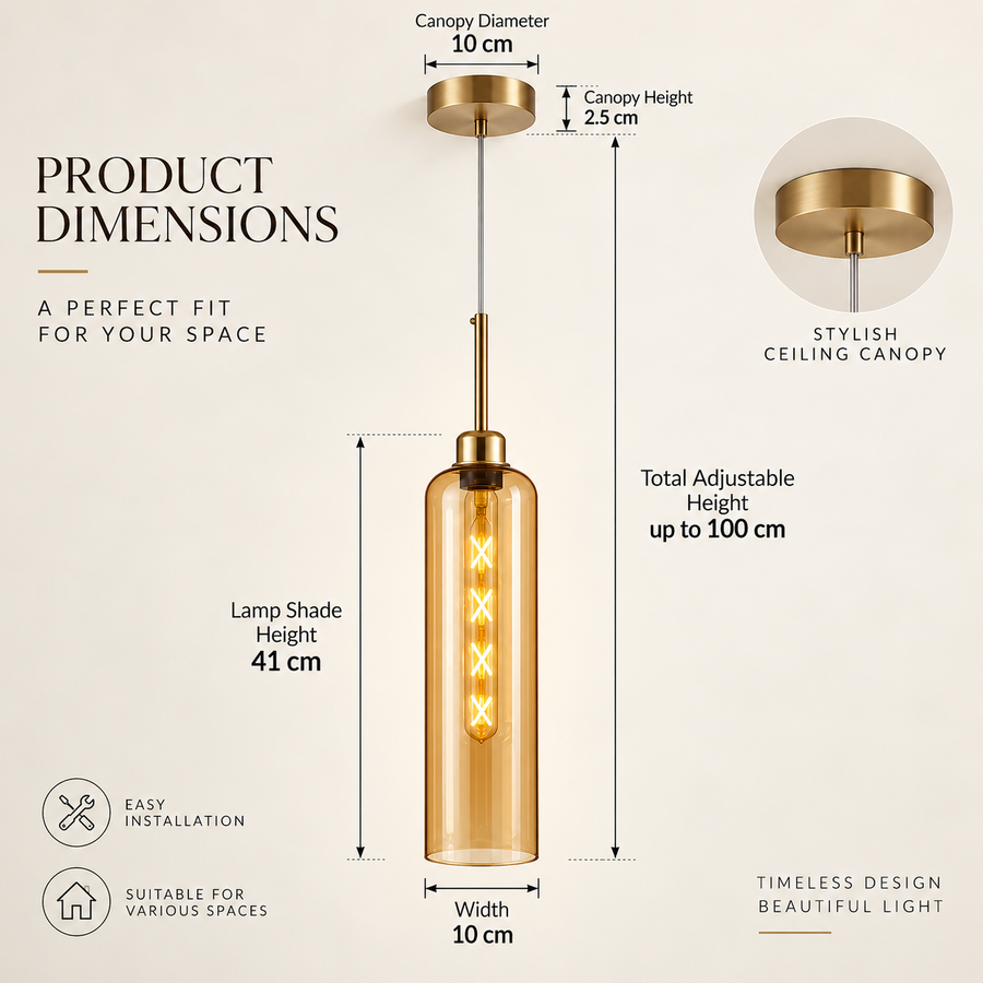 Modern Glass Pendant Light with Gold Finish & T30 Bulb | Adjustable Hanging Ceiling Lamp (41 cm Shade)