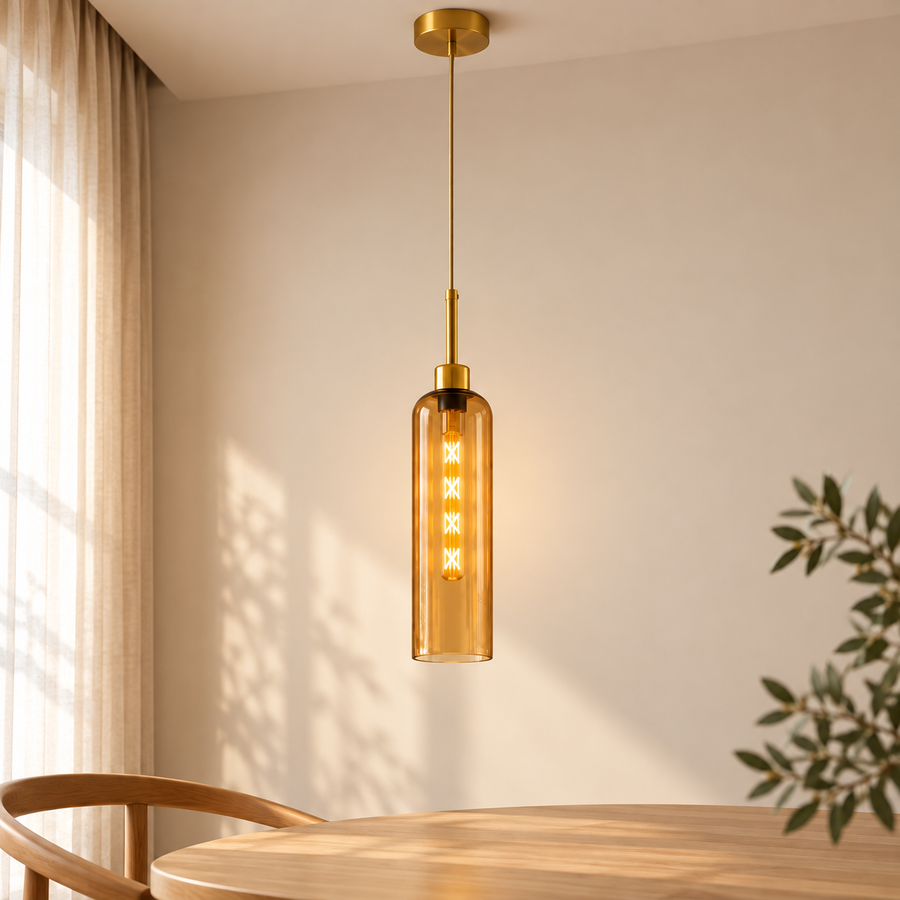 Modern Glass Pendant Light with Gold Finish & T30 Bulb | Adjustable Hanging Ceiling Lamp (41 cm Shade)