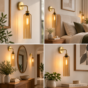 Modern Brass Wall Light with Amber Glass | T30 Tube Bulb | H56 × W10 × D21 cm