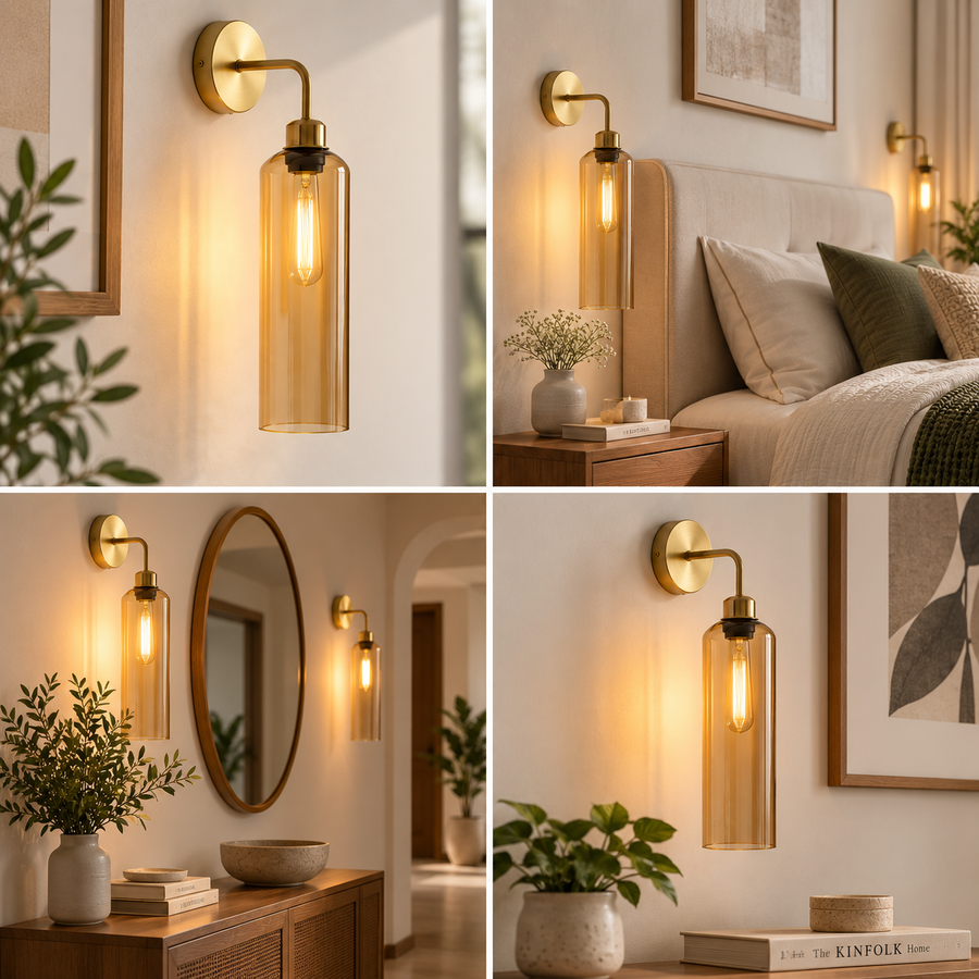 Modern Brass Wall Light with Amber Glass | T30 Tube Bulb | H56 × W10 × D21 cm