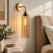 Modern Brass Wall Light with Amber Glass | T30 Tube Bulb | H56 × W10 × D21 cm