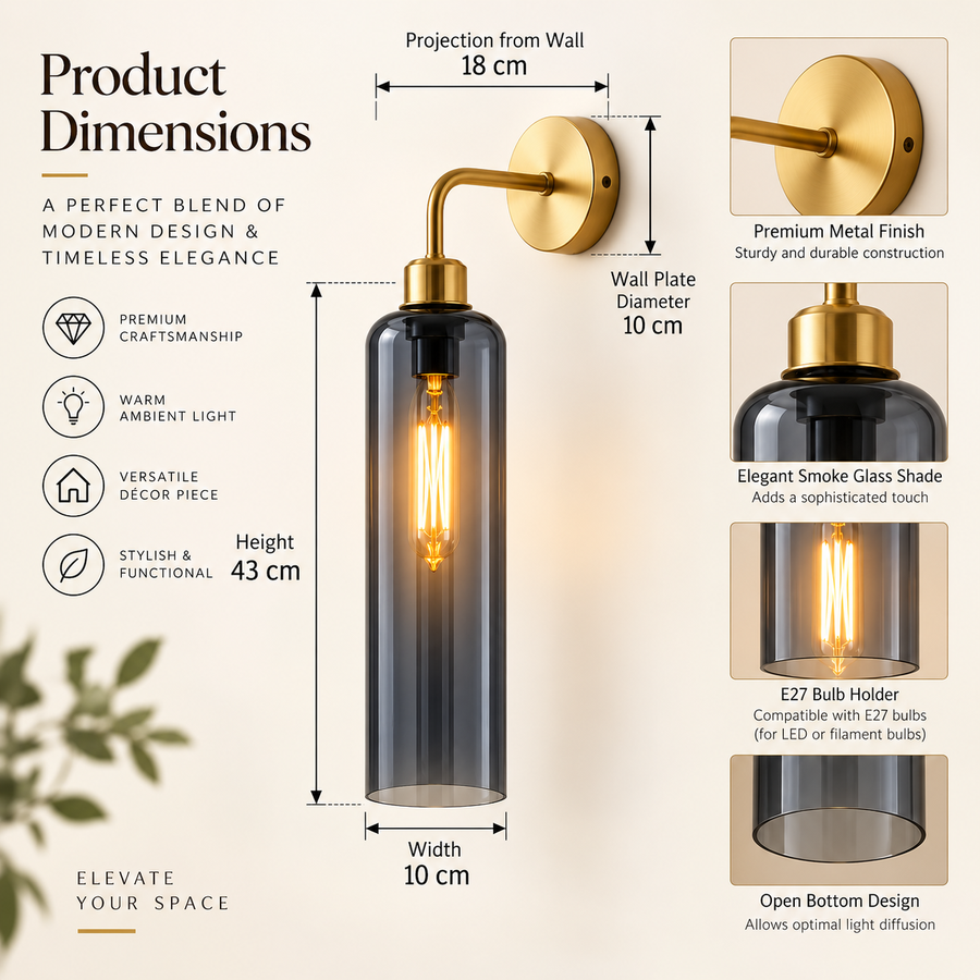 Modern Brass Wall Light with Smoke Blue Glass | T30 Tube Bulb | H56 × W10 × D21 cm