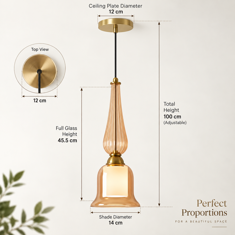 Amber Glass Pendant Light with Inner Cylindrical Diffuser | Champagne Gold Hanging Ceiling Lamp