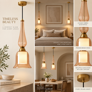 Amber Glass Pendant Light with Inner Cylindrical Diffuser | Champagne Gold Hanging Ceiling Lamp