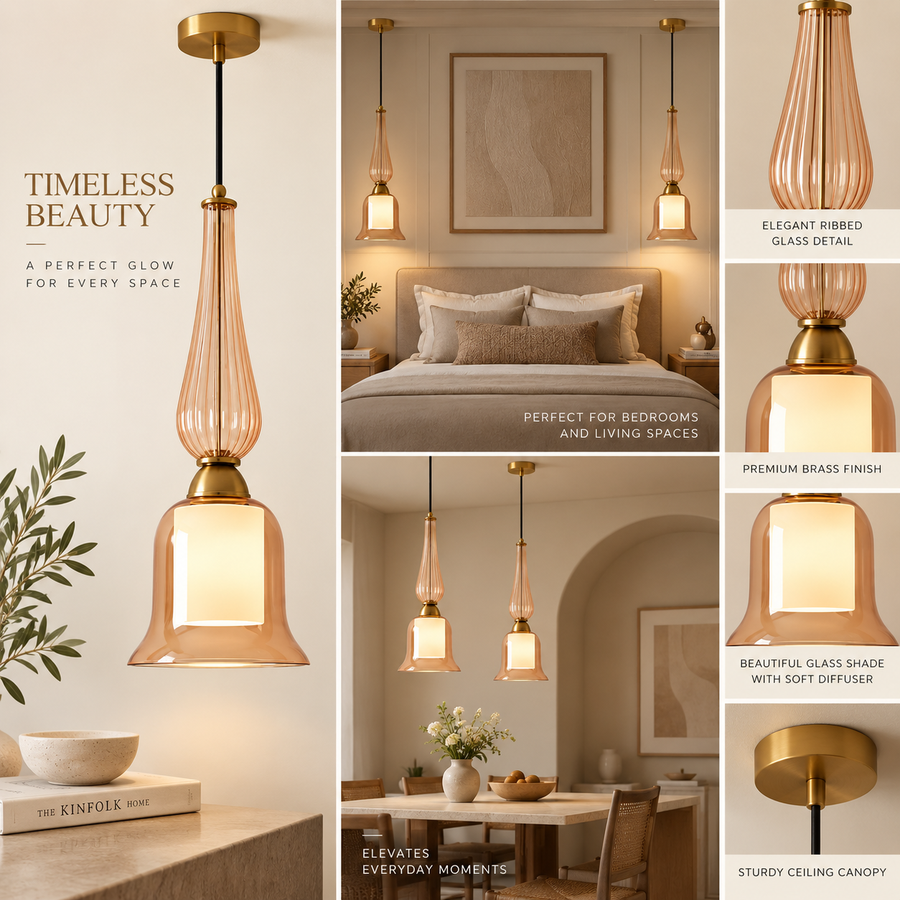 Amber Glass Pendant Light with Inner Cylindrical Diffuser | Champagne Gold Hanging Ceiling Lamp