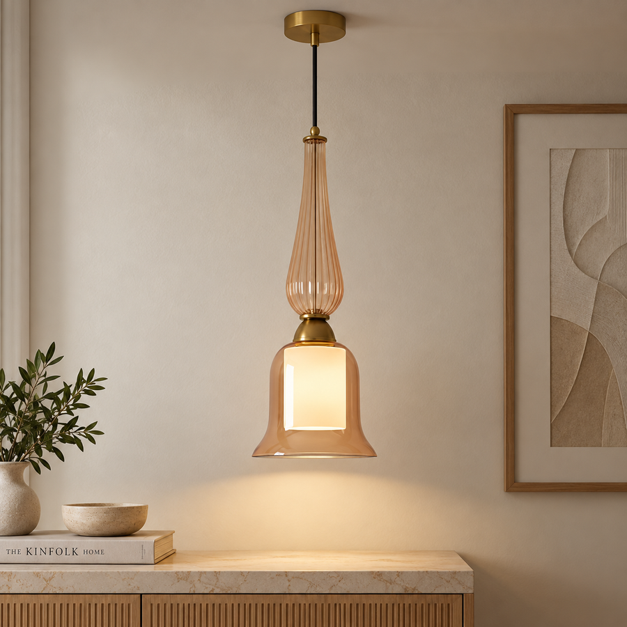 Amber Glass Pendant Light with Inner Cylindrical Diffuser | Champagne Gold Hanging Ceiling Lamp