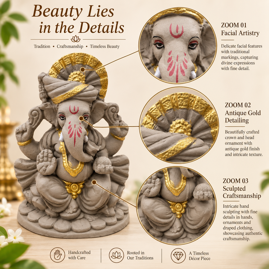 Coral Tree Eco-Friendly Lord Ganesha   6 inch Idol for Ganesh Chaturthi, Handcrafted Clay Ganpati Murti with Antique Gold Accents