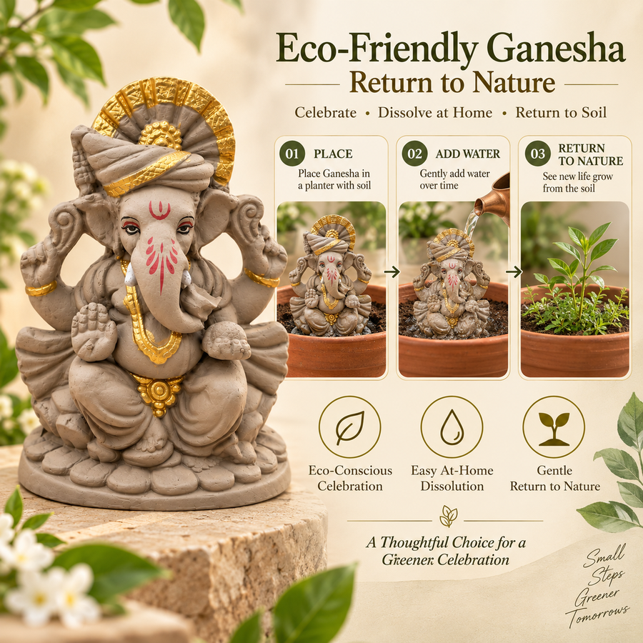 Coral Tree Eco-Friendly Lord Ganesha   6 inch Idol for Ganesh Chaturthi, Handcrafted Clay Ganpati Murti with Antique Gold Accents
