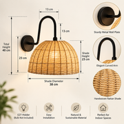 Handwoven Rattan Dome Wall Light – Wide Natural Beige Shade with Matte Black Arm