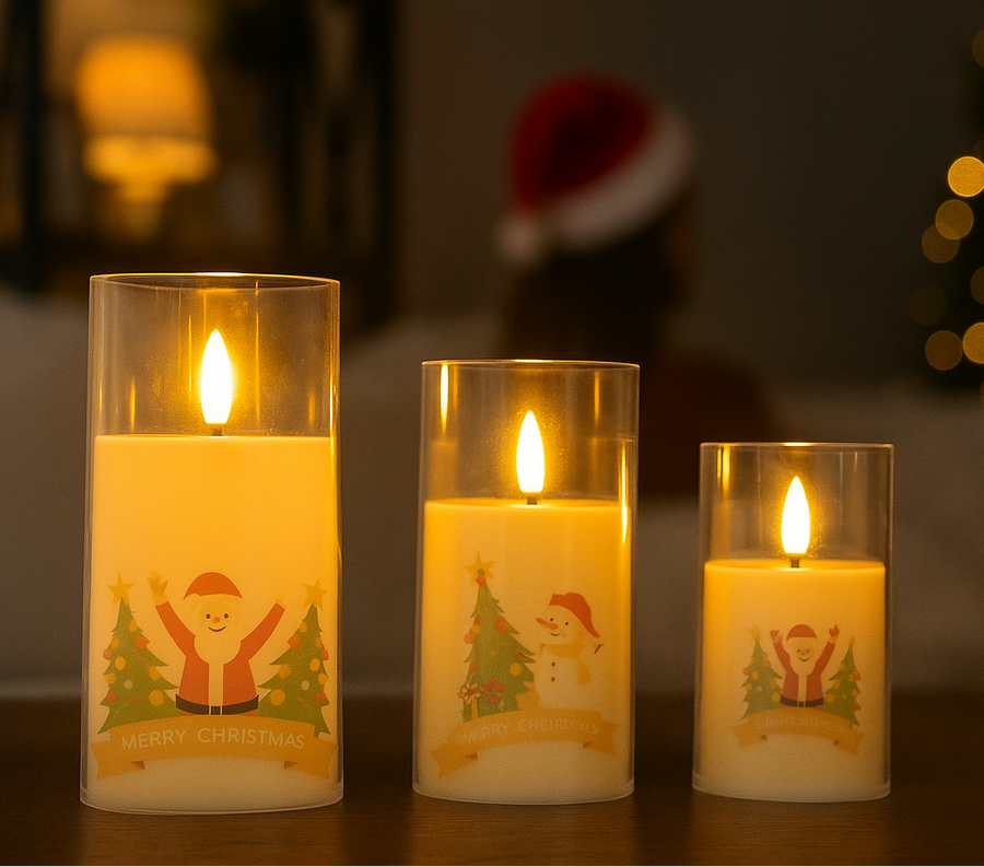 Coral Tree LED Flameless Christmas Candle Set – Santa & Snowman Print