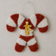 Festive Red & White Candy Cane Christmas Hanging Decoration with Golden Bow – Tinsel Wall & Door Ornament