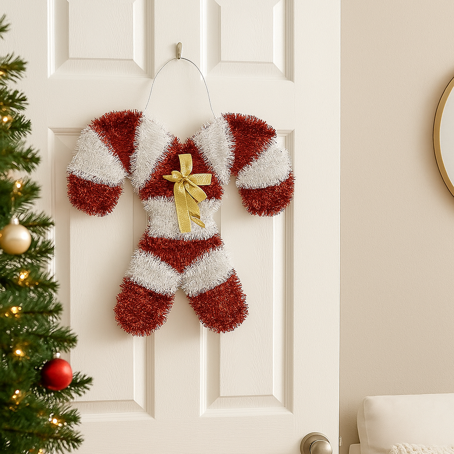 Festive Red & White Candy Cane Christmas Hanging Decoration with Golden Bow – Tinsel Wall & Door Ornament