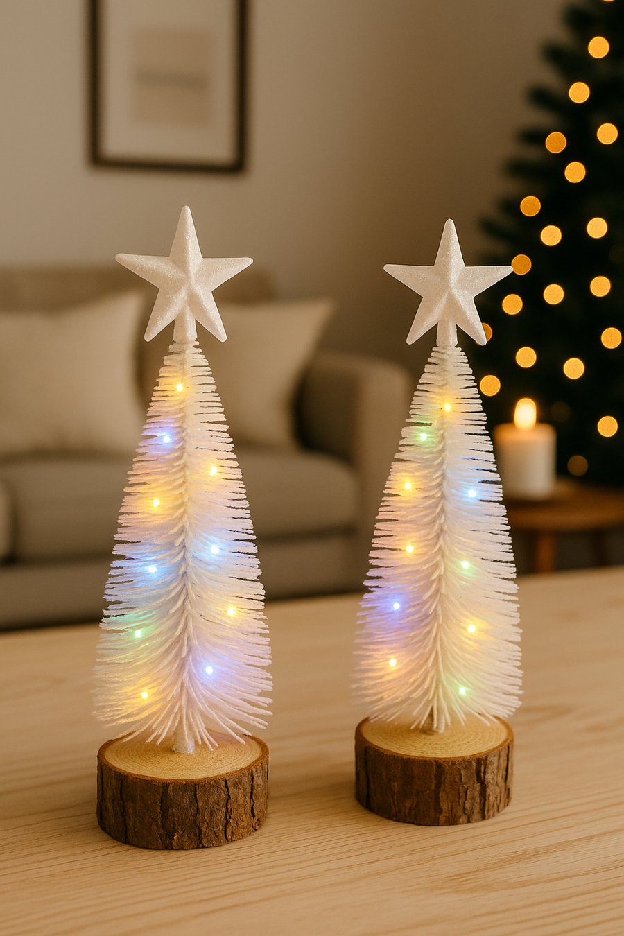 Mini White LED Christmas Tree with Wooden Base Set of 2