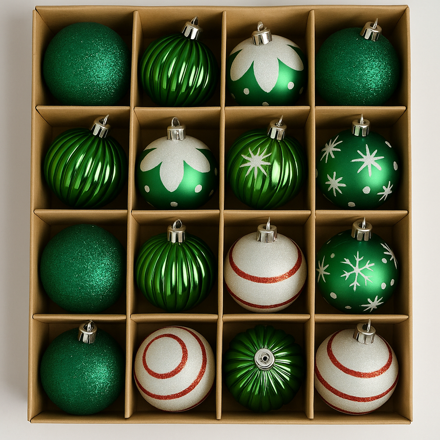 Christmas Tree Decoration Bauble Set – Green & Silver Collection (Pack of 16)