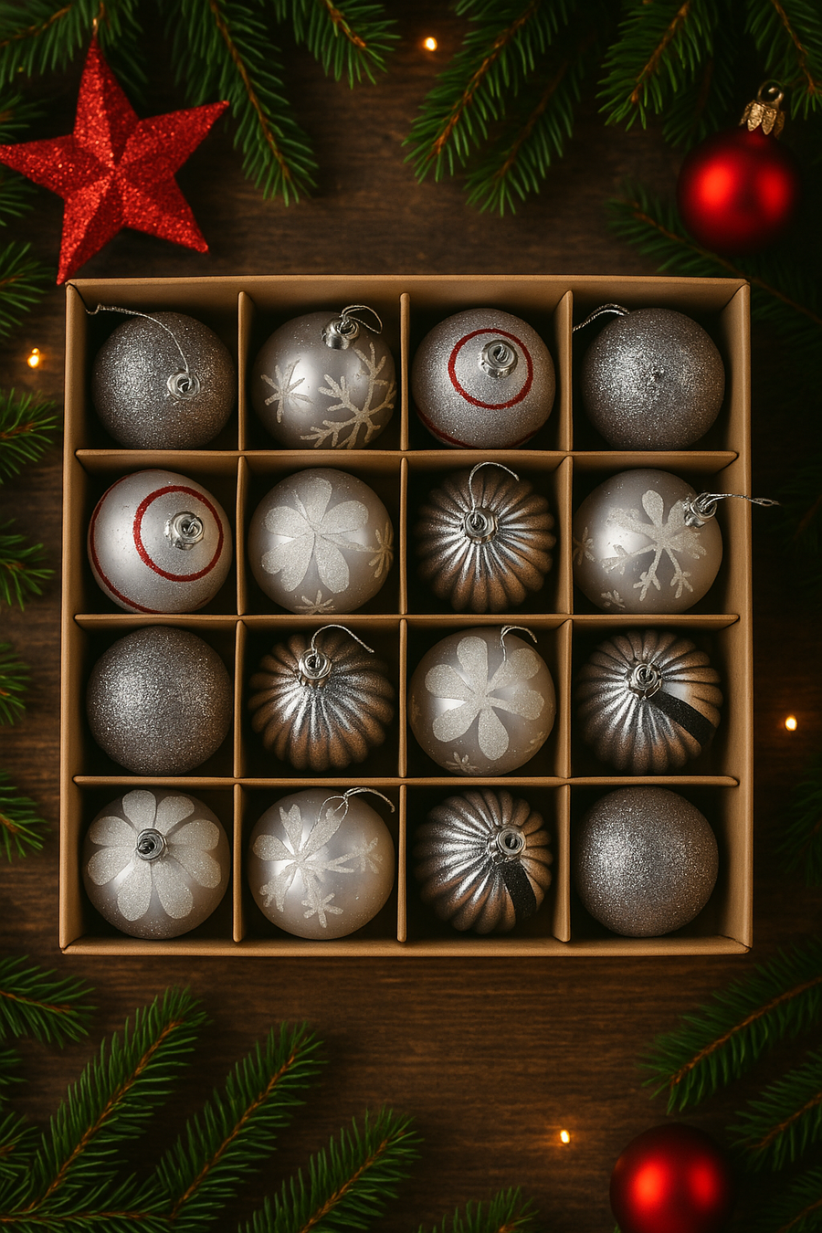 Coral Tree Silver & Red Christmas Tree Bauble Ornament Set – Pack of 16