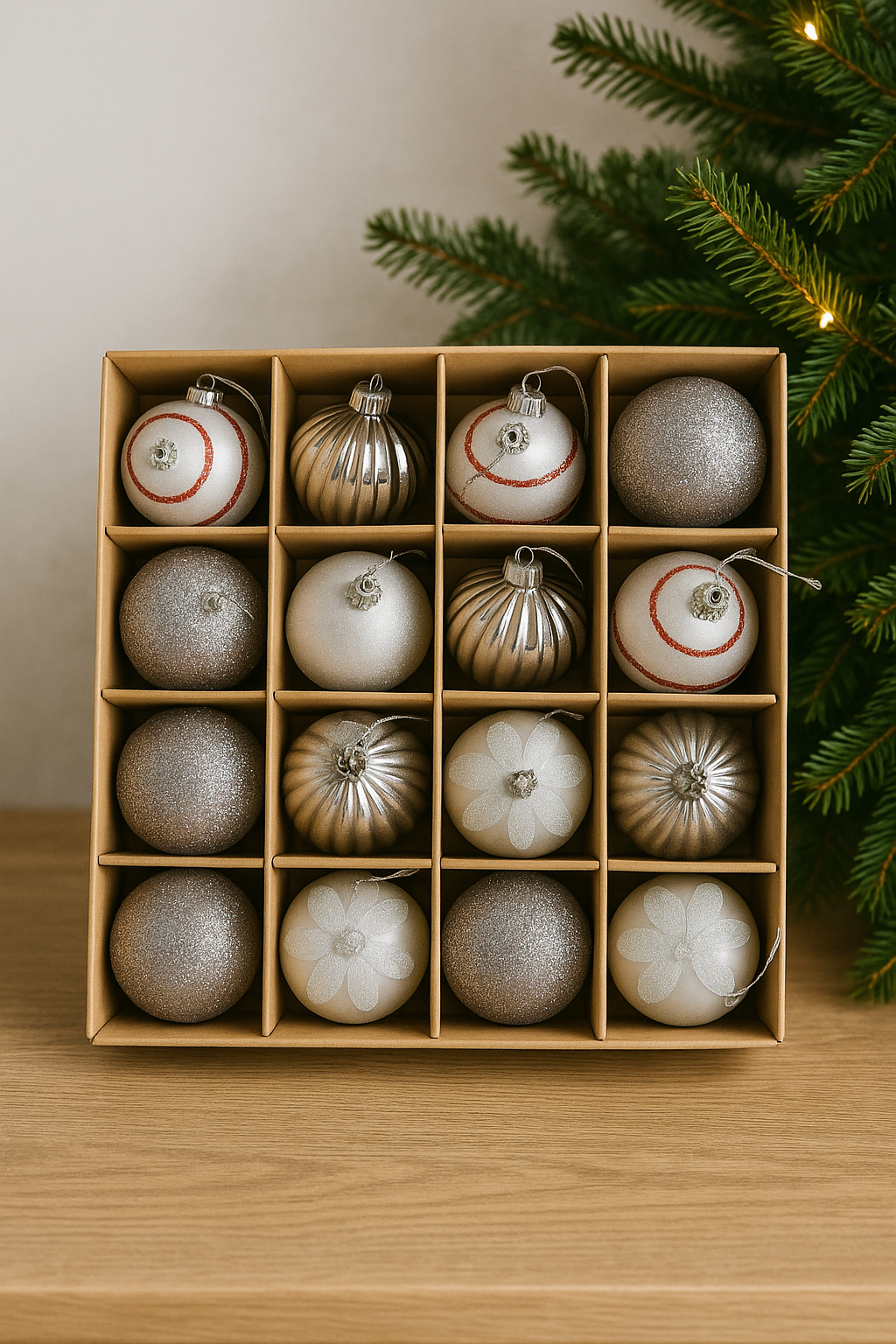 Coral Tree Silver & Red Christmas Tree Bauble Ornament Set – Pack of 16