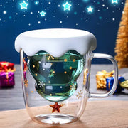 Coral Tree Double-Wall Christmas Mug with Snow Lid – 300ml Holiday Glass Cup with Inner Christmas Tree Design