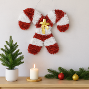 Festive Red & White Candy Cane Christmas Hanging Decoration with Golden Bow – Tinsel Wall & Door Ornament