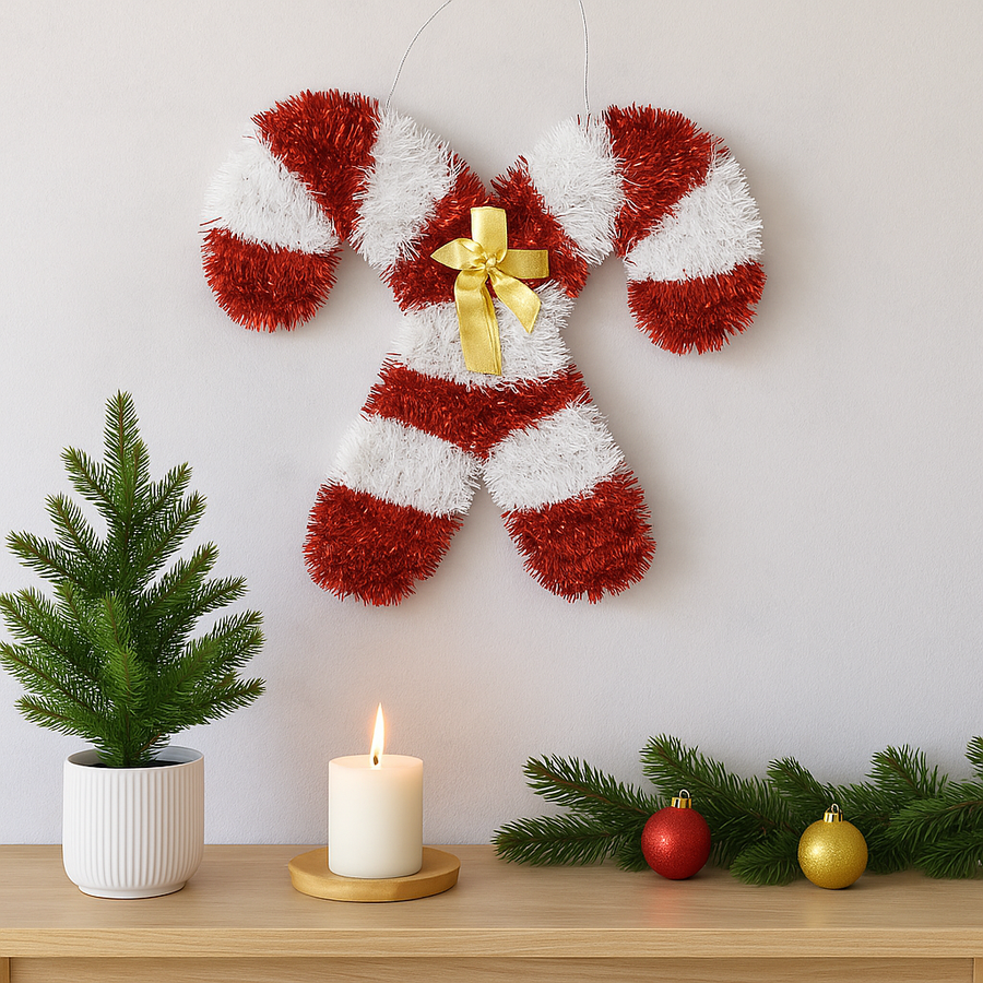 Festive Red & White Candy Cane Christmas Hanging Decoration with Golden Bow – Tinsel Wall & Door Ornament