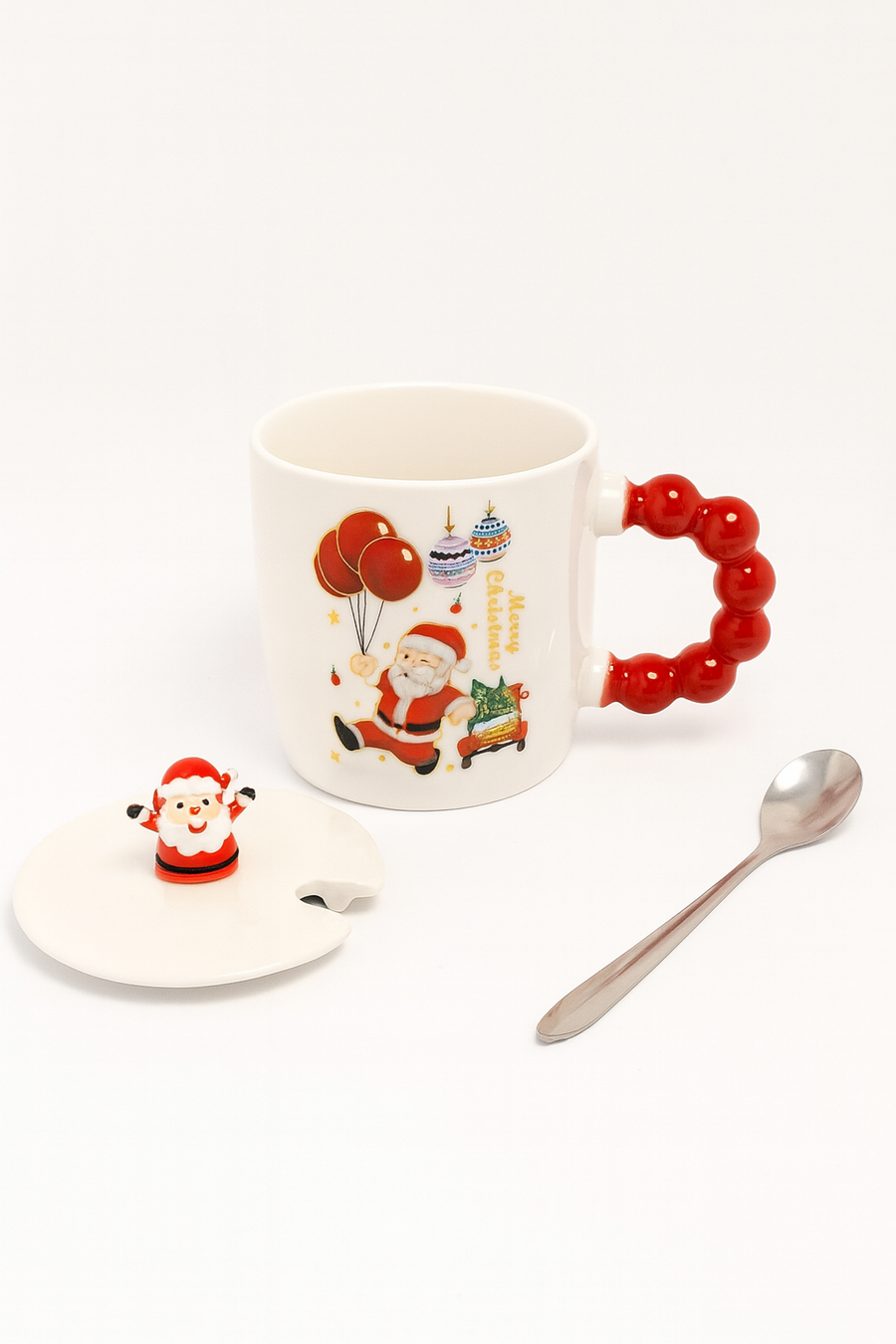 Christmas Ceramic Mug with Lid & Spoon | 350 ML Santa Mug with Red Handle | Merry Christmas Gift Cup for Coffee