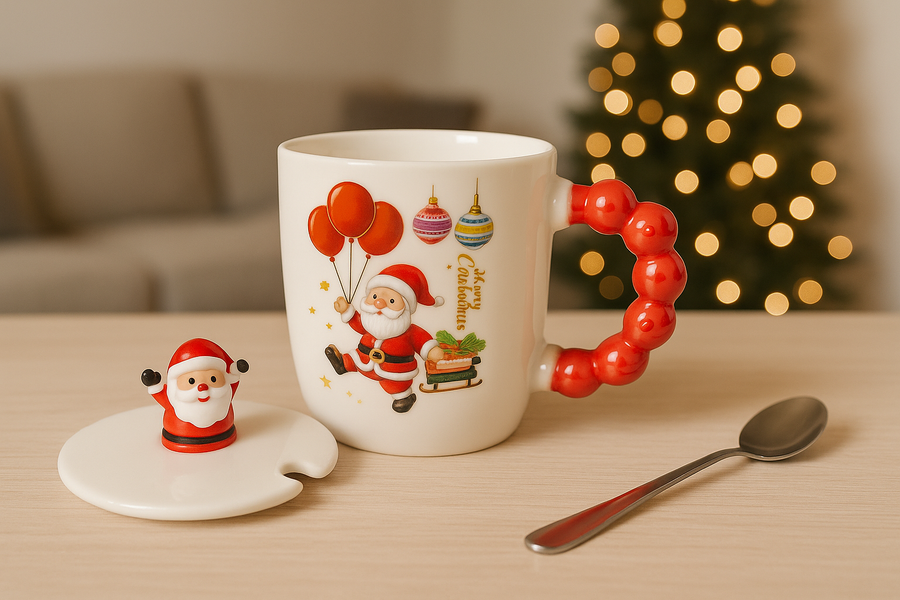 Christmas Ceramic Mug with Lid & Spoon | 350 ML Santa Mug with Red Handle | Merry Christmas Gift Cup for Coffee