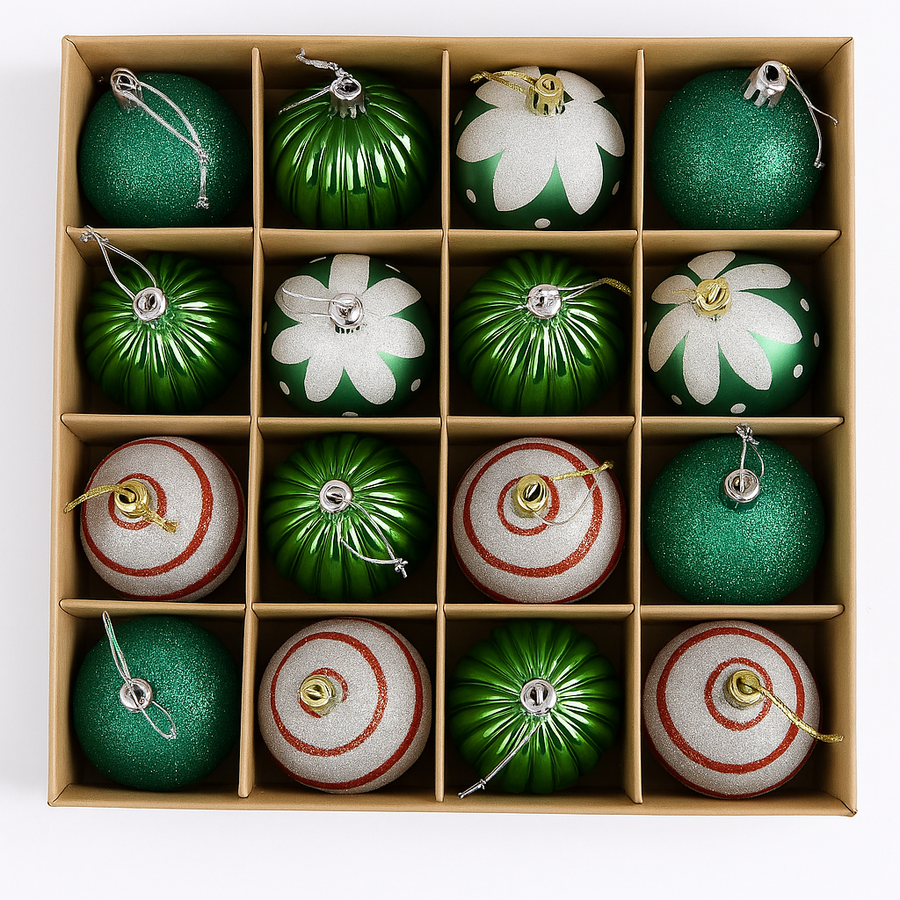Christmas Tree Decoration Bauble Set – Green & Silver Collection (Pack of 16)