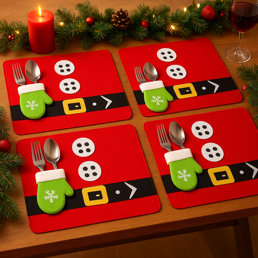 Coral Tree Christmas Santa Suit Placemats with Green Glove Cutlery Holder – Set of 4