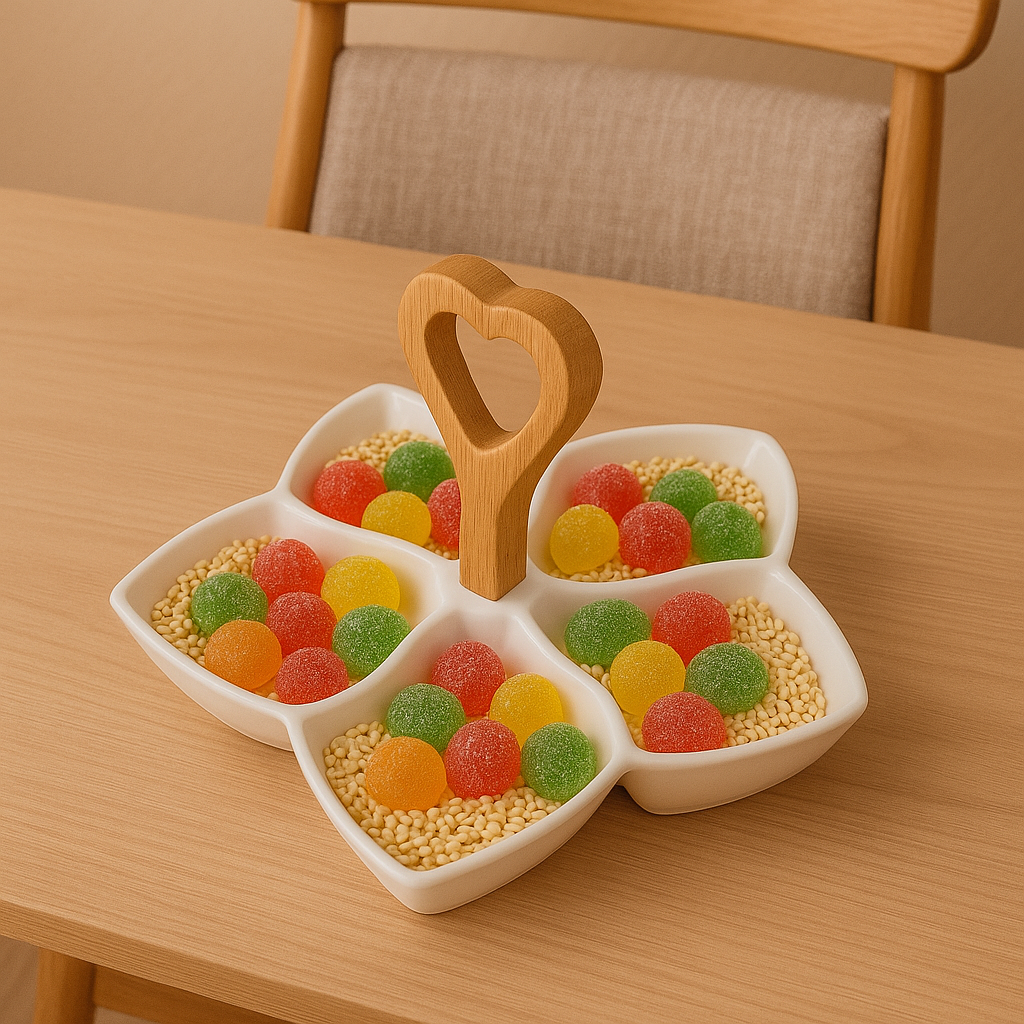 5-Section Ceramic Snack Tray with Wooden Heart Handle | Dry Fruit, Candy & Nut Server