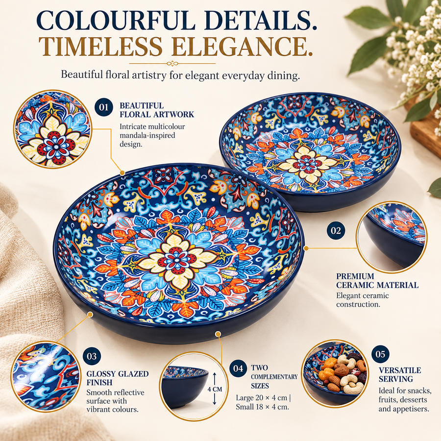 Coral Tree Multicolour Floral Ceramic Serving Plates – Set of 2