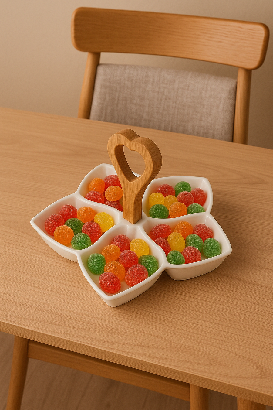 5-Section Ceramic Snack Tray with Wooden Heart Handle | Dry Fruit, Candy & Nut Server
