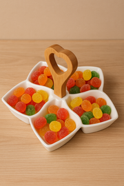 5-Section Ceramic Snack Tray with Wooden Heart Handle | Dry Fruit, Candy & Nut Server