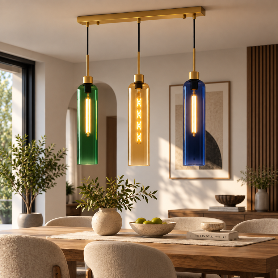 Coral Tree Green, Amber & Blue Glass 3-Light Linear Pendant Light with Gold Finish