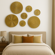 Golden Metal Wall Plate Set – 7 Round Decorative Wall Hangings for Bedroom, Living Room & Hall