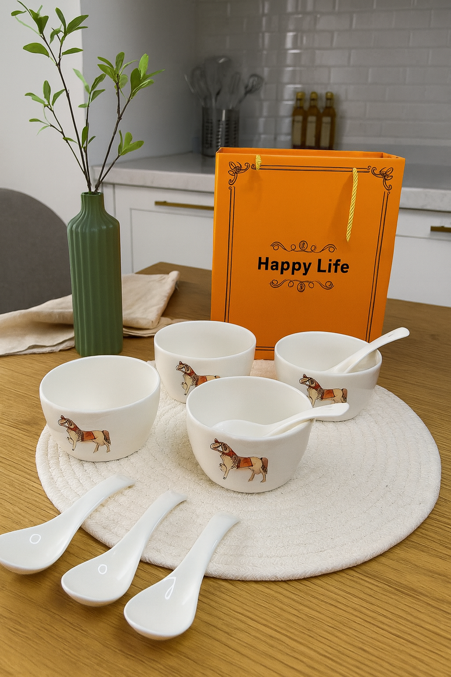 Ceramic Soup Bowl Set with Spoons | 4 Bowls & 4 Soup Spoons